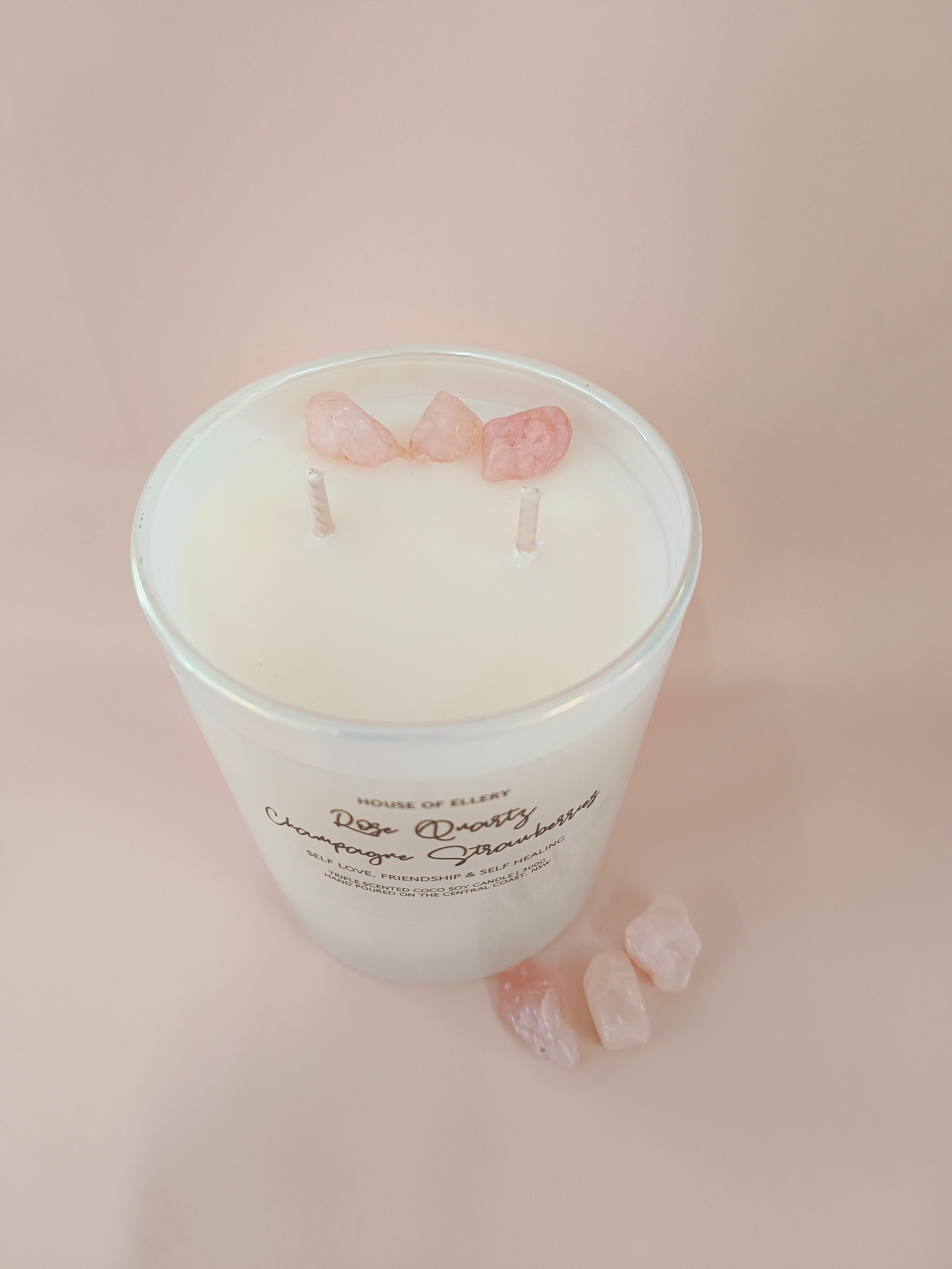 ROSE QUARTZ CRYSTAL CANDLE  | CHAMPAGNE & STRAWBERRIES