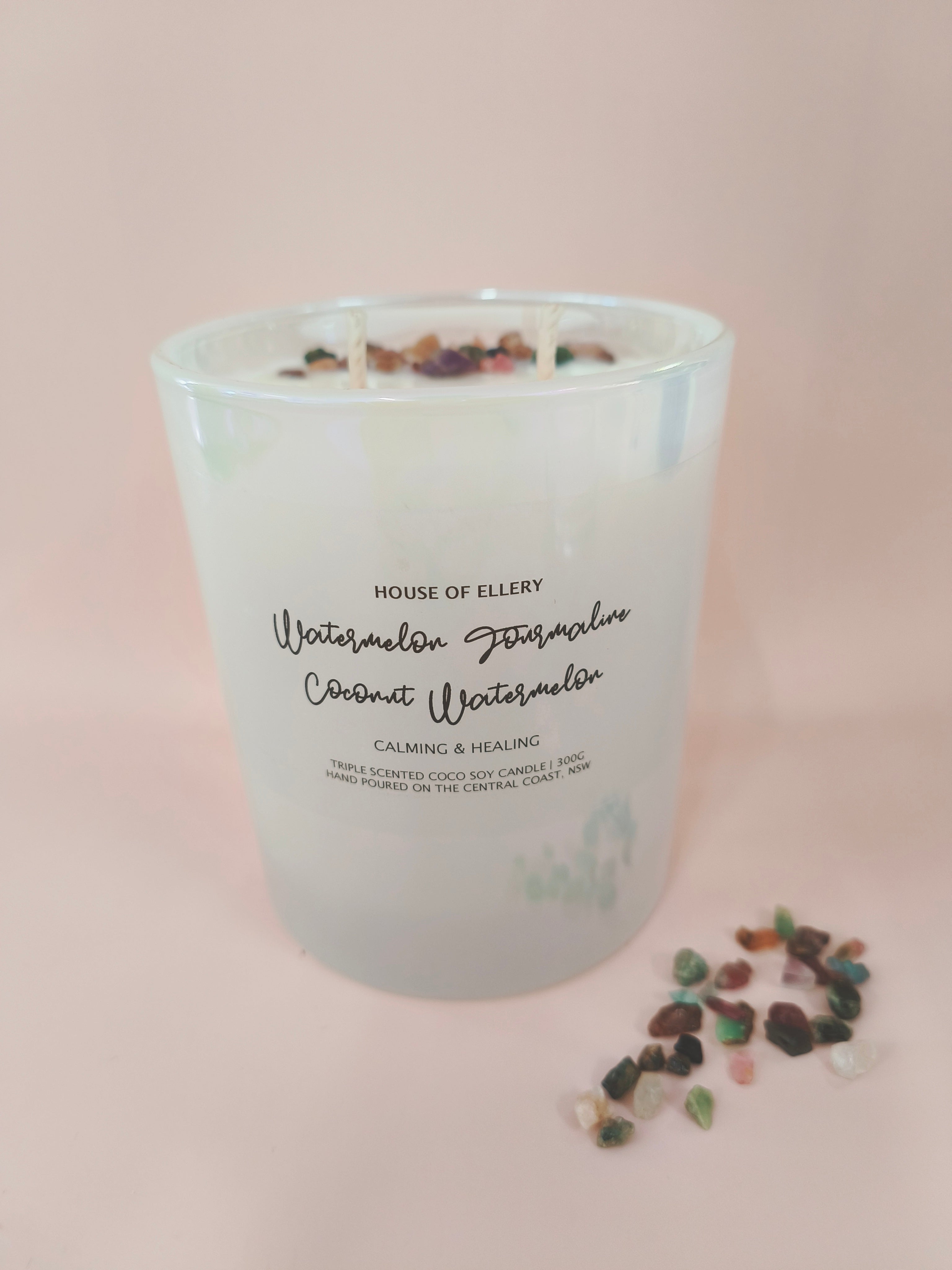 WATERMELON TOURMALINE CRYSTAL CANDLE | COCONUT & WATERMELON