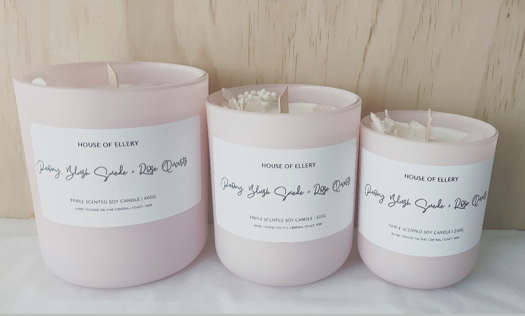 PEONY & BLUSH SUEDE + ROSE QUARTZ SOY CANDLE