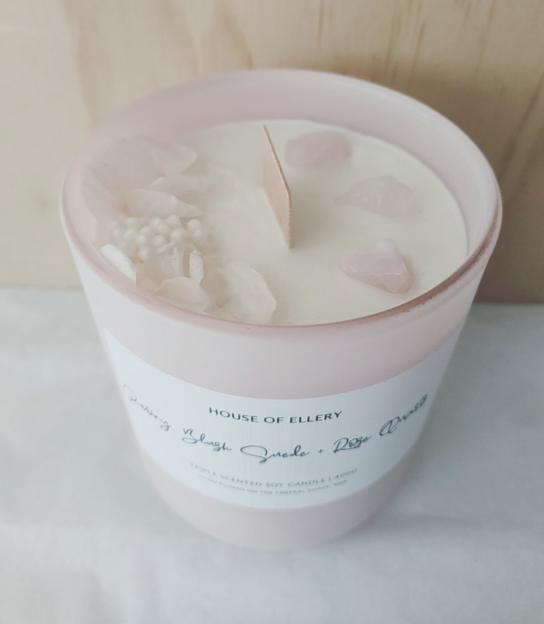 PEONY & BLUSH SUEDE + ROSE QUARTZ SOY CANDLE